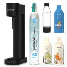 Czarny saturator do wody PushAir w zestawie z nabojem CO2, butelką 0,7 l i 3x syropem do wody. 