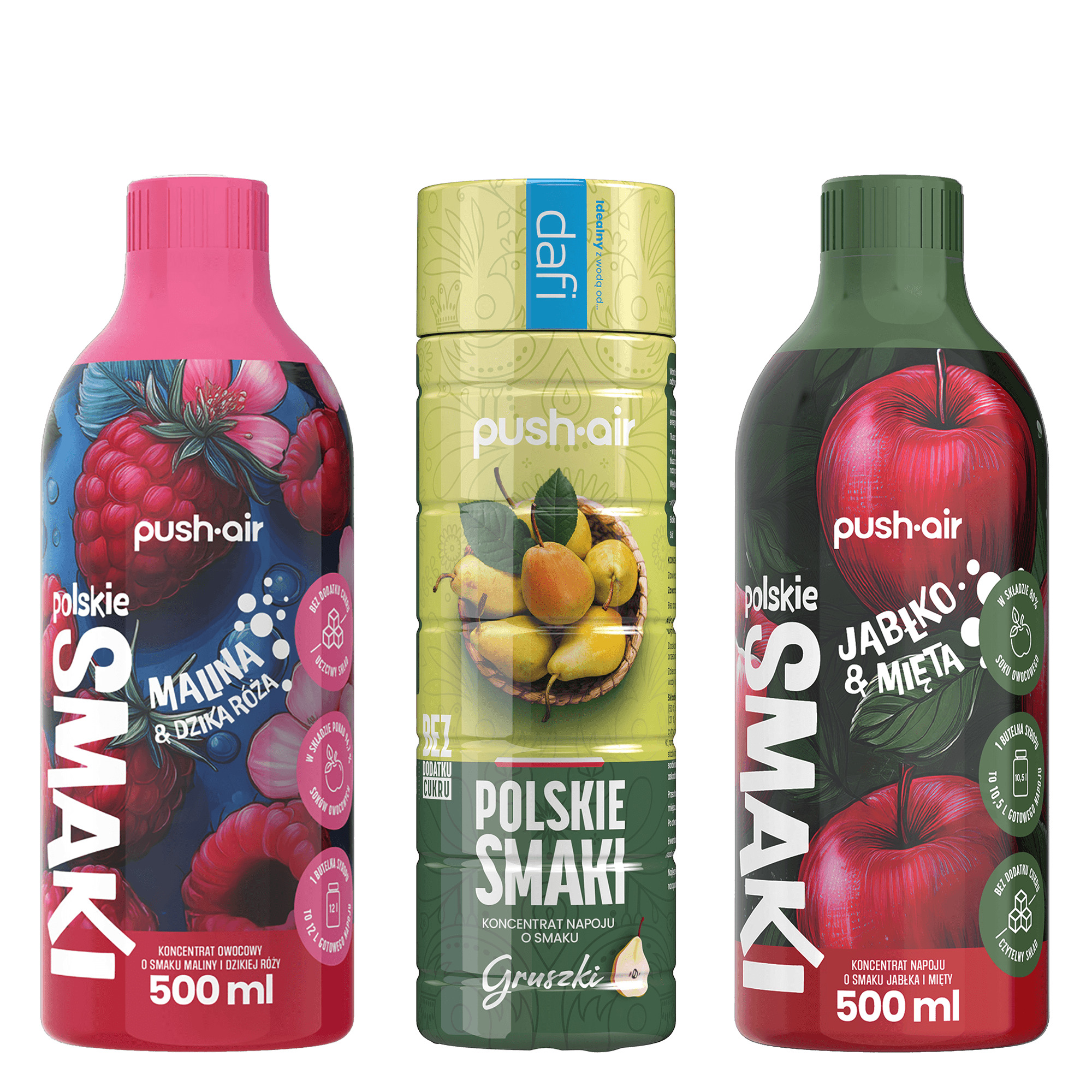 PushAir 3 Syropy do Wody Gruszka + Jabłko i Mięta + Malina i Dzika R&oacute;ża