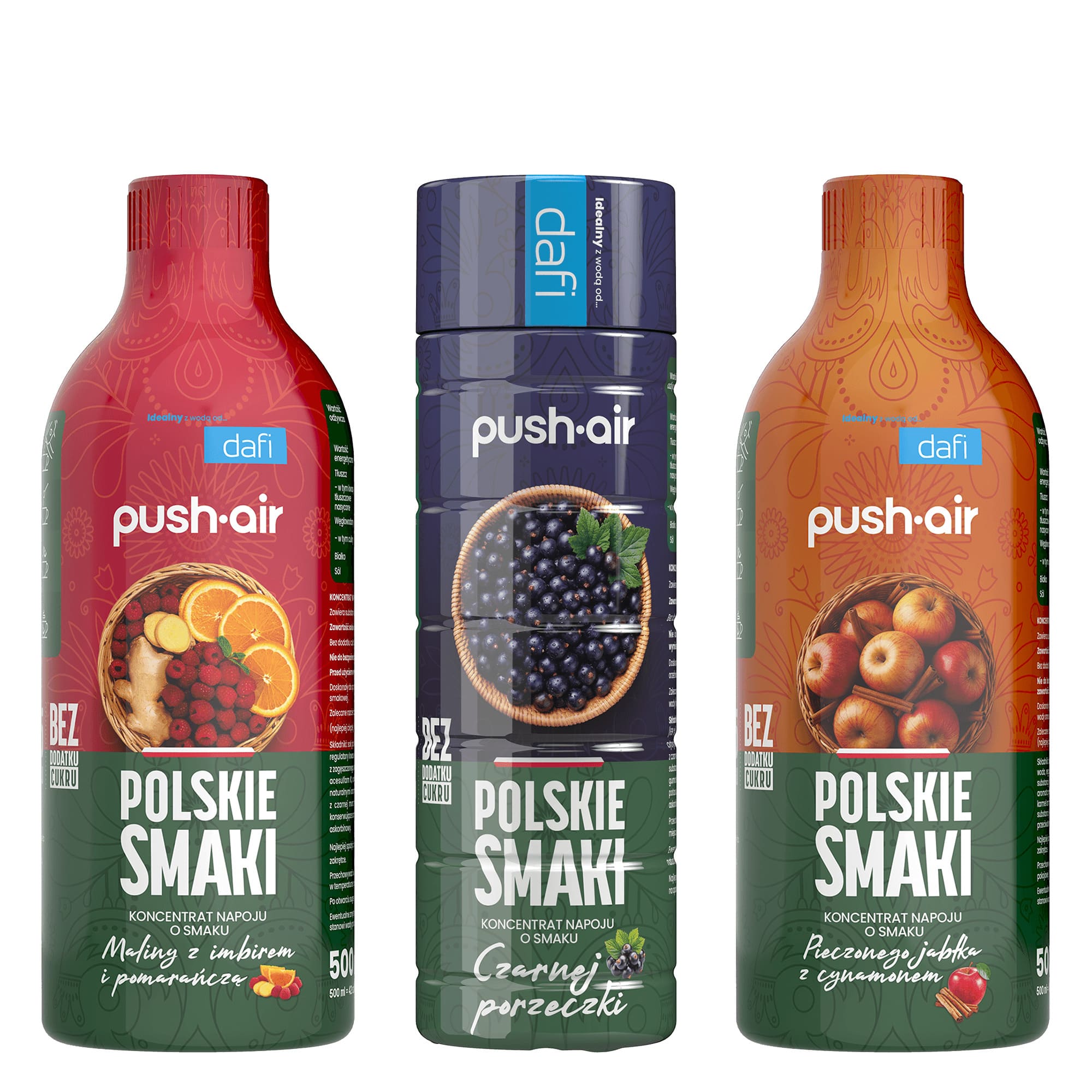 PushAir 3 Syropy do Wody Malina Imbir Pomarańcza + Pieczone Jabłko Cynamon + Czarna Porzeczka