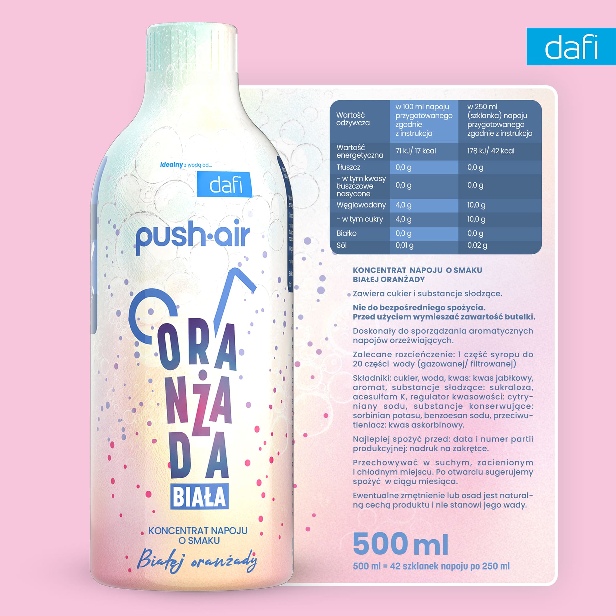 PUSHAIR Koncentrat do Wody Biała Oranżada Syrop Dafi 500 ml	