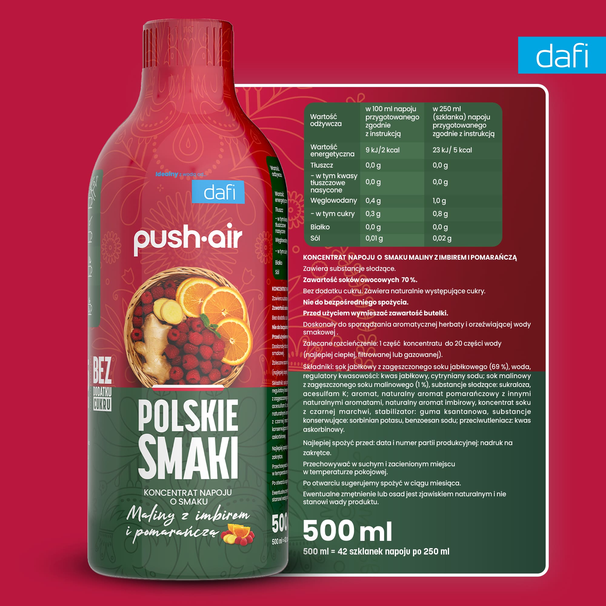 Syrop PushAir o smaku maliny, imbiru i pomarańczy