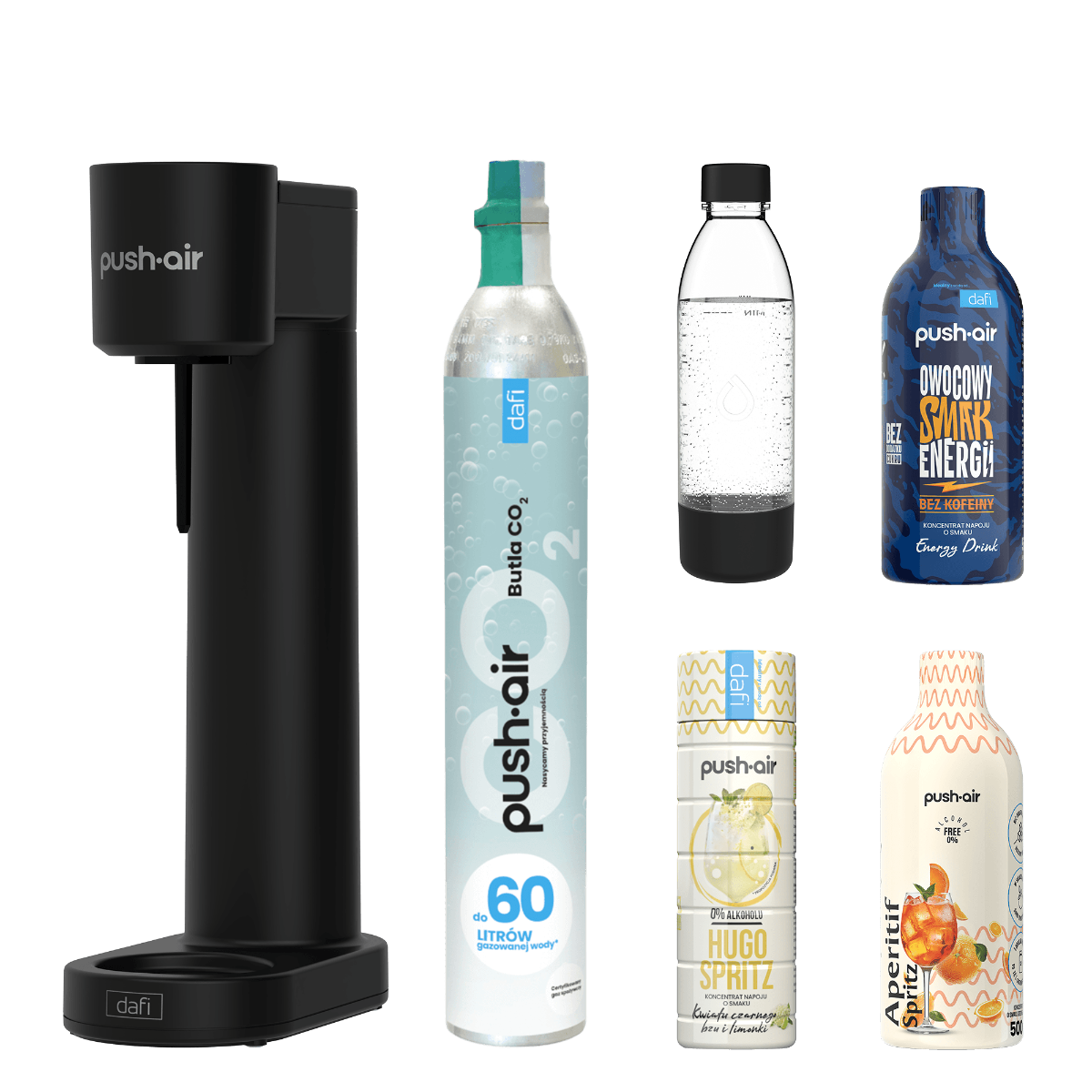 PushAir saturator Dafi czarny nab&oacute;j CO2 butelka 0,7 3 syropy Energy Hugo Aperitif