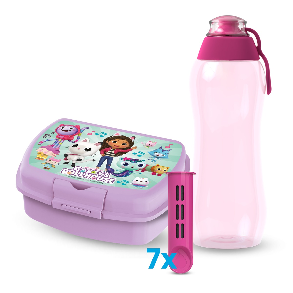 Butelka filtrująca Dafi SOFT 0,3 flamingowa 7 wkład&oacute;w i lunchbox GABI