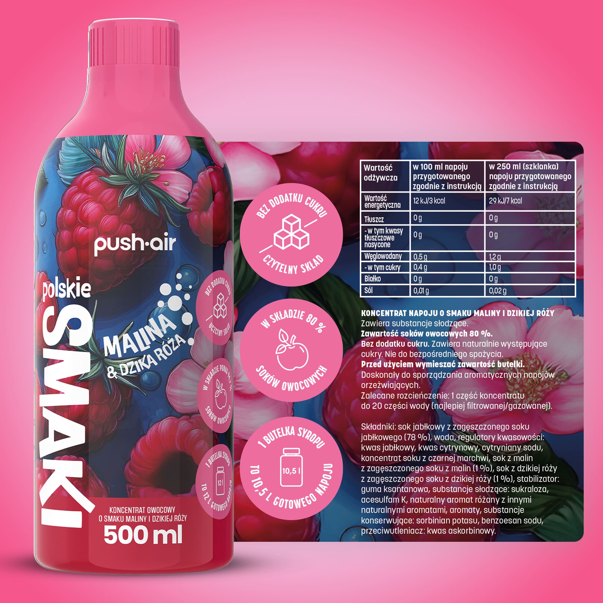 PUSHAIR Koncentrat do Wody Malina i Dzika Róża Syrop Dafi 500 ml	
