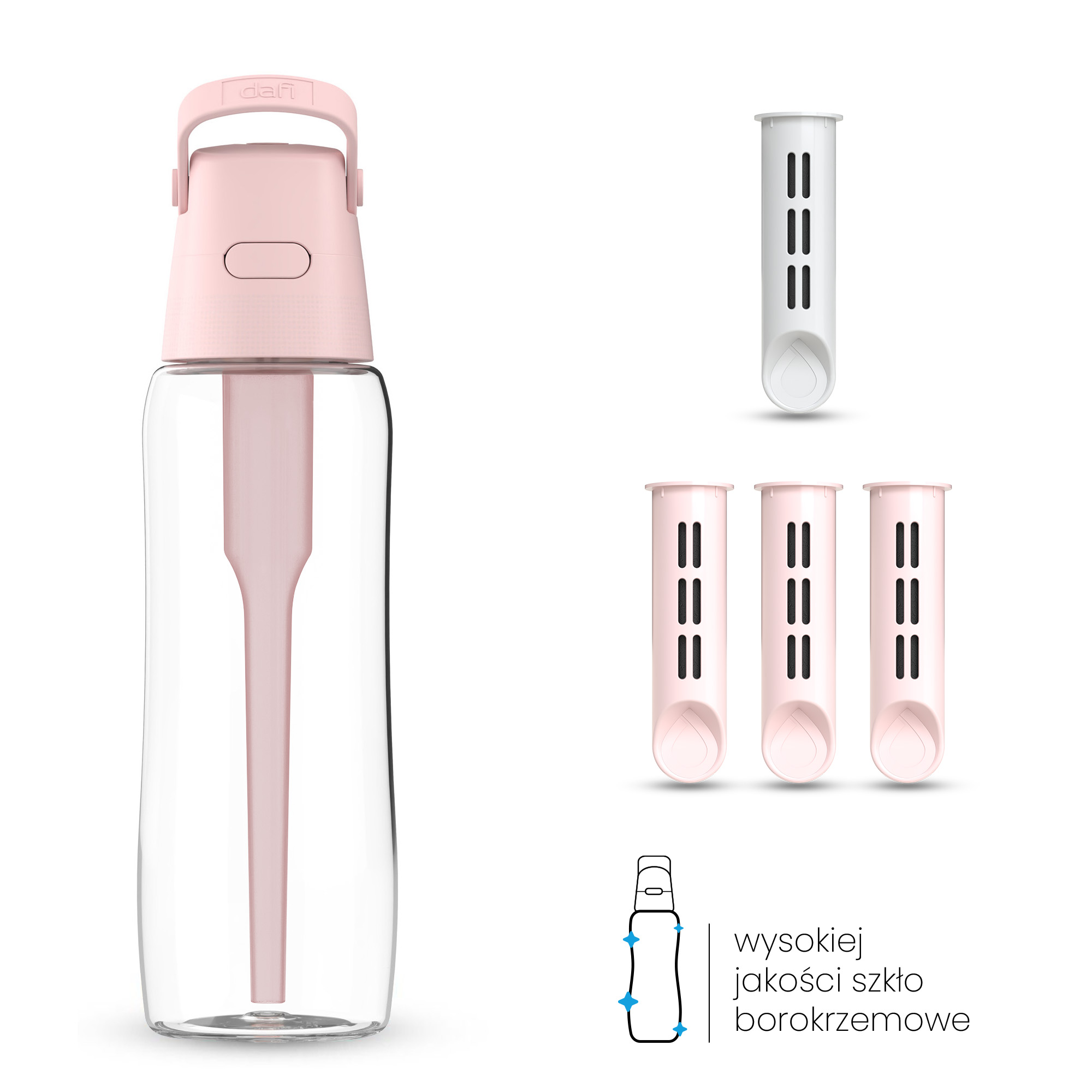 Szklana Butelka Filtrująca Dafi GLASS 0,6 Baby Pink 4x Filtr