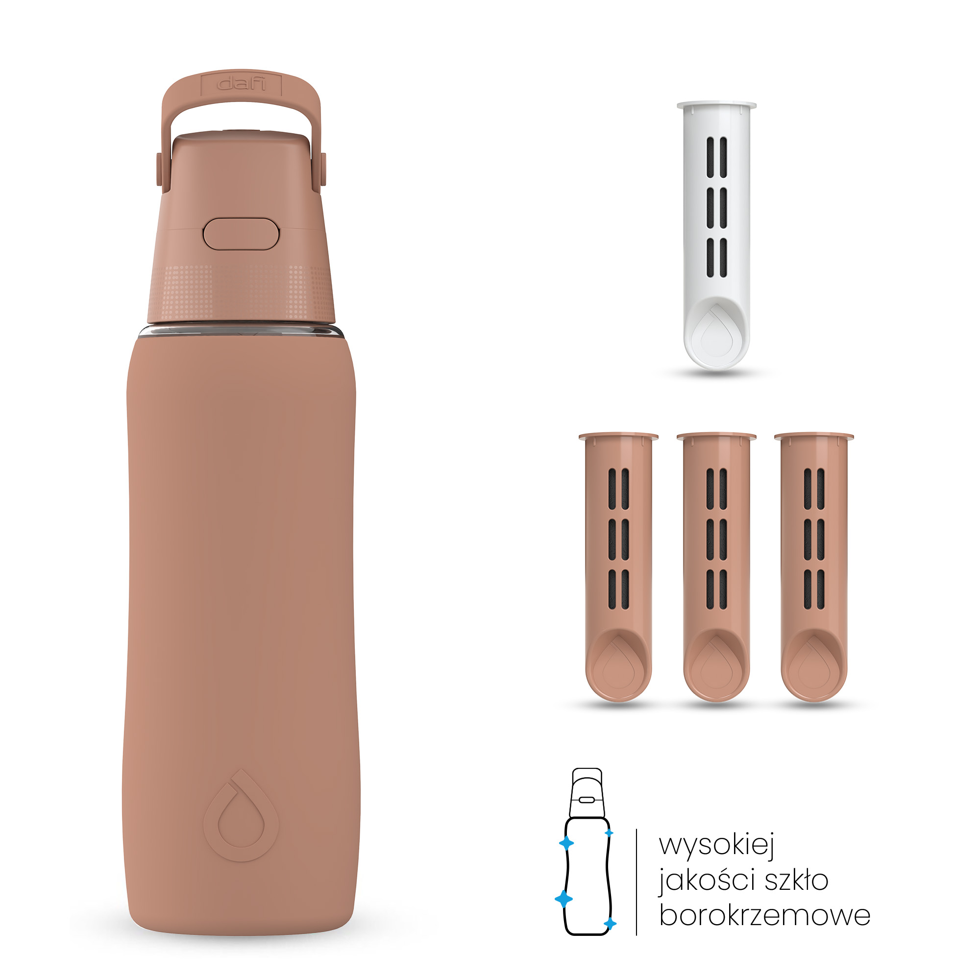 Szklana Butelka Filtrująca Dafi GLASS SiliconeFit 0,6 Mocha Mousse z Filtrem