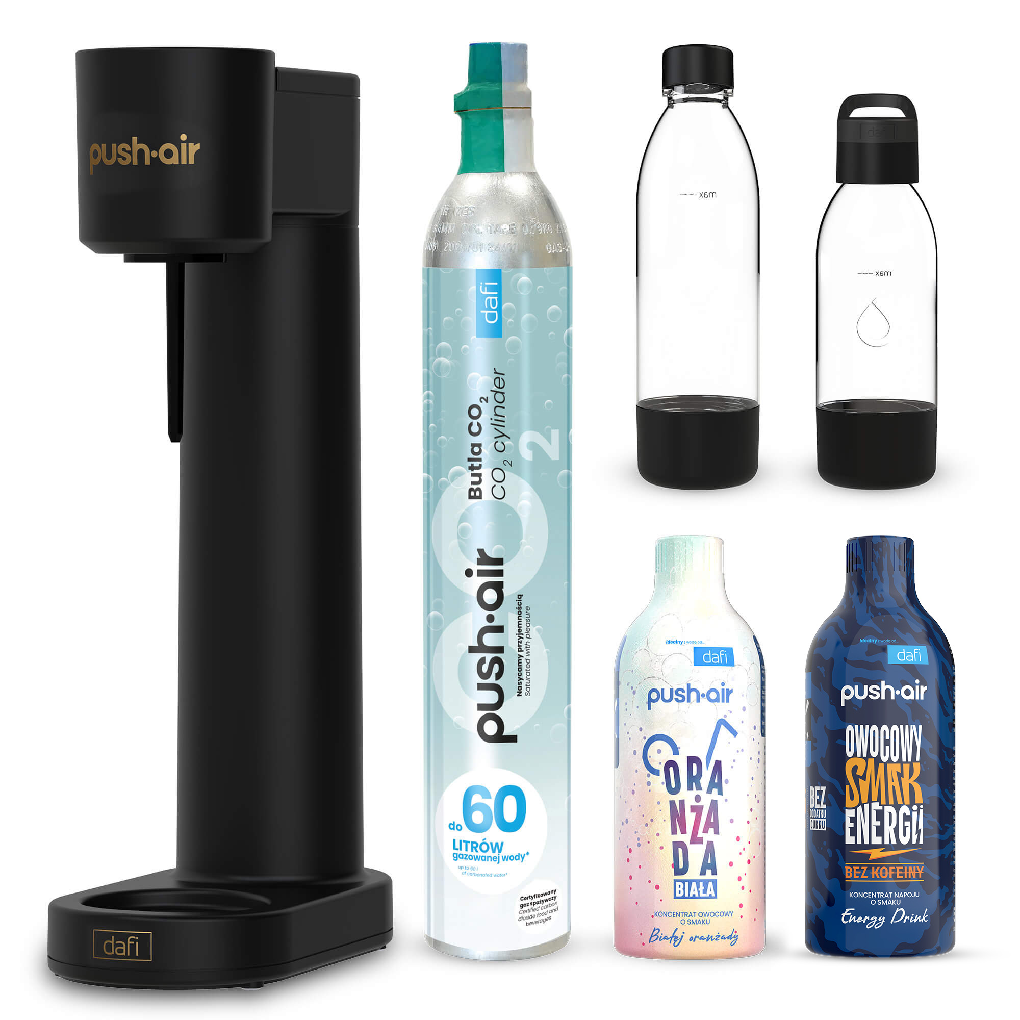 Zestaw 6 elementów PushAir saturator + nabój CO2 + butelka 0,7 + butelka 0,5 z uchwytem + 2x syropy 0,5